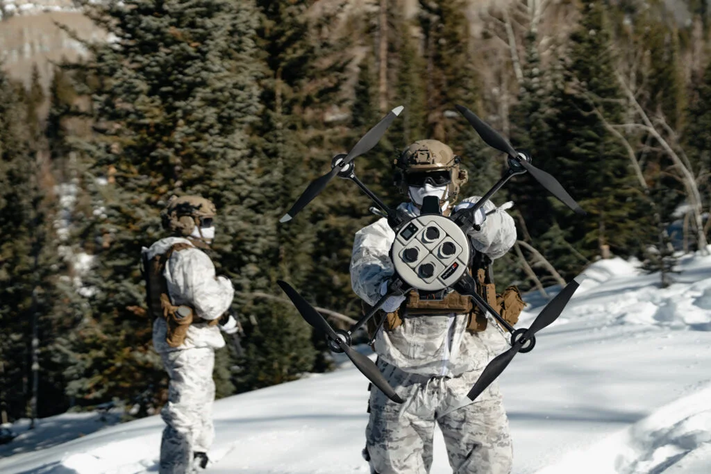 Soldier holding up a Teledyne drone